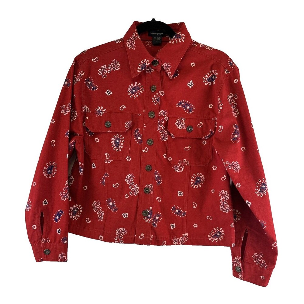 Boston Proper Red Bandana Denim Jacket Button Collar Cotton Pockets Womens Small